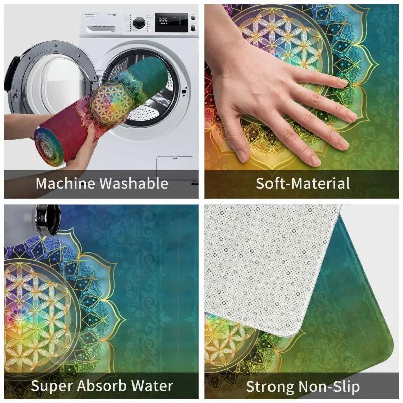 Rainbow Flower Of Life With Lotus Front Door Mat Anti-Slip Outdoor Sacred Geometry Doormat Kitchen Balcony Entrance Rug Carpet