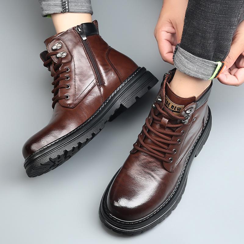Autumn Winter Cow Leather Boots for Men Anti-slip Thick-soled Fleece Warm Men's Shoes New Designer Platform Fashion Work Boots