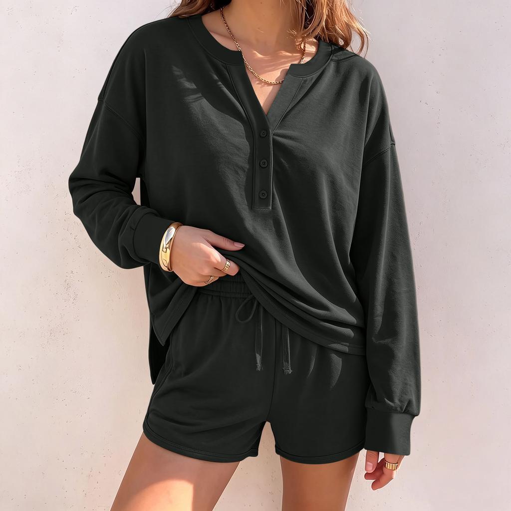 Women's Casual Long Sleeve Top and Shorts 2 Piece Set for Fall Winter