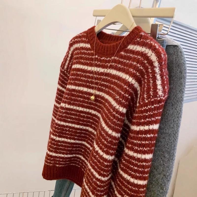 Womens Red Striped Crewneck Sweater Loose Fit Thick Warm Fall Winter Top Everyday Wear