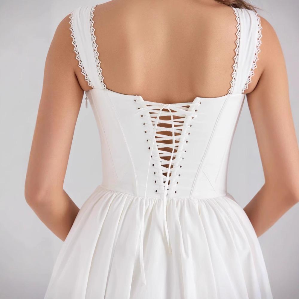Women's Square Neck Sleeveless Midi Dress Flared Fit Adjustable Waist Pure White Corset Spaghetti Strap Back Tie Casual Party Dress