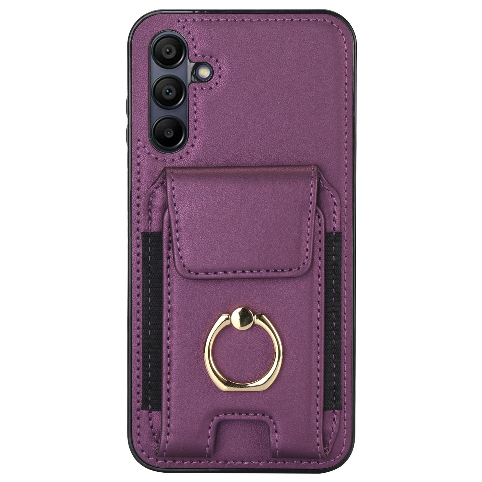 

For Samsung Galaxy A15 4G/A15 5G Case Ring Kickstand Leather+TPU Cover with Card Holder Purple