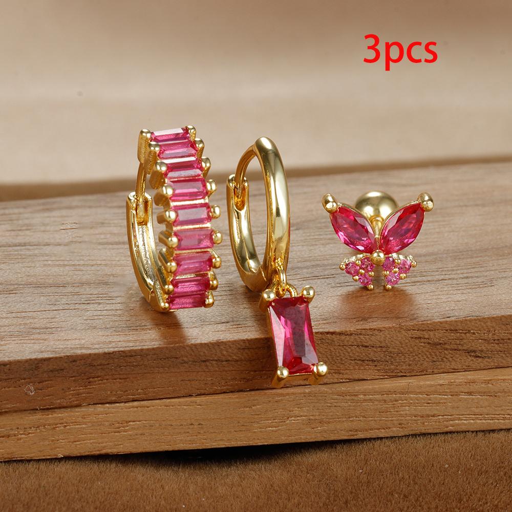 3PCS Gold Color Crystal Square Hoop Earrings Set For Women Butterfly Pendant Cartilage Tragus Helix Ear Stud Fashion Jewelry