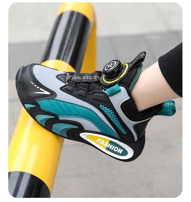 Kids' Rotating Button Sneakers - Leather, Velvet-Lined for Autumn & Winter