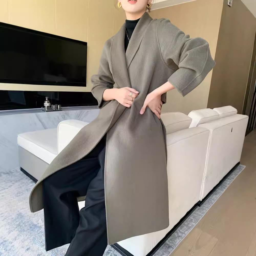 Women's Double-Faced Wool Overcoat with Tie Waist - Extra Long Lapel, Autumn/Winter.