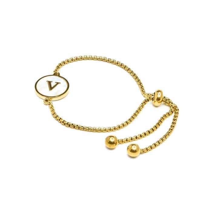 Bracelet - Luxenter - Alphabet V - Nacre blanche - finition or jaune 18K - Bijou personnalisé