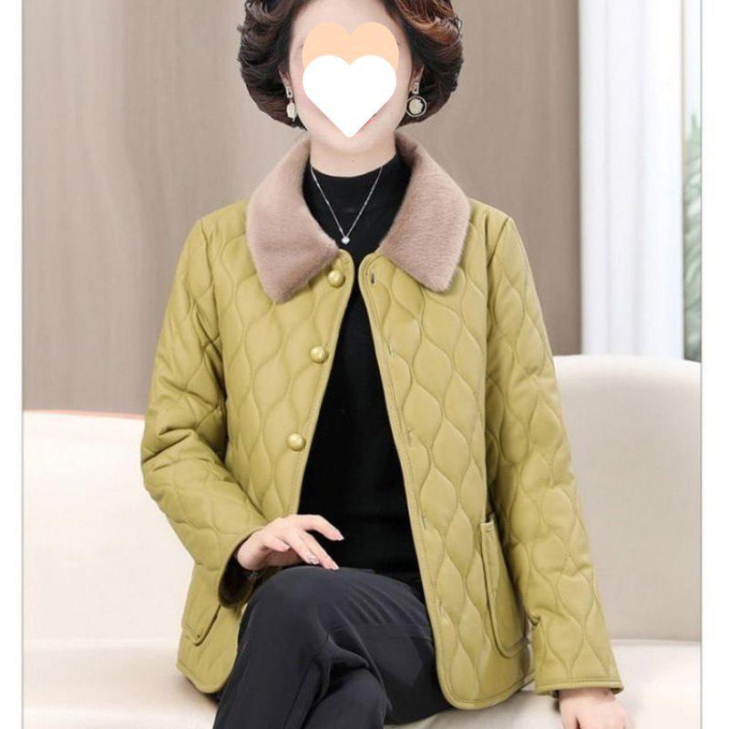 

Женская кожаная куртка на флисовой подкладке - Теплое пальто с хлопковым наполнителем для женщин среднего и пожилого возраста XL (90-110 lbs)