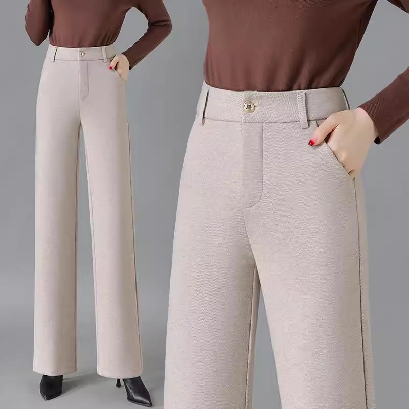 Merino Wool High-Waist Herringbone Slimming Pants - Fleece-Lined Straight & Wide Leg for Autumn/Winter 2024