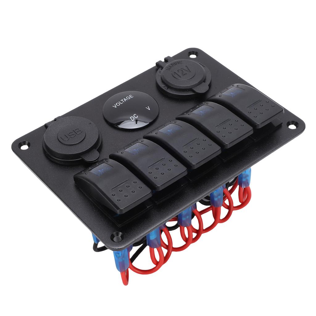 5 Gang Rocker Switch Aluminum Panel with Blue Backlight Dual USB Ports Volt Meter Waterproofing On Off Toggle Switch