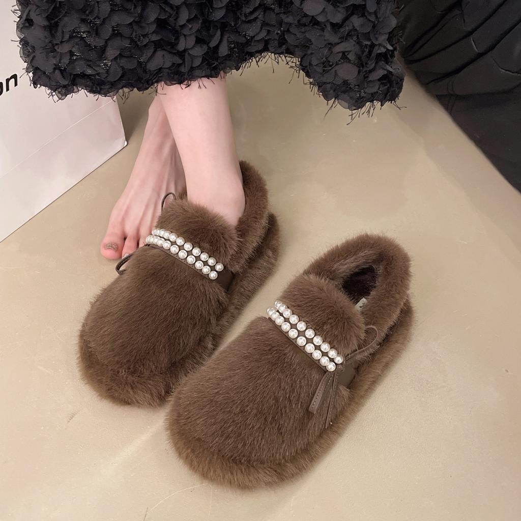 Plush thick-soled fluffy shoes for women's outer wear 2025 new winter pearl bow small fragrant soft-soled cotton shoes