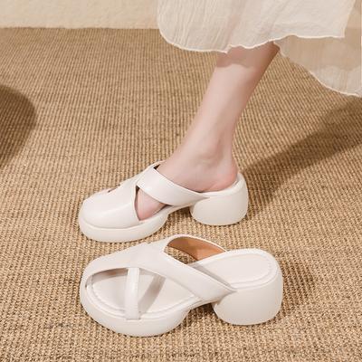Mode 2024 Sommer Neue Damen Sandalen Aus Echtem Leder Runde Kappe Casual Büro Damen Dicken Mittleren Absätzen Schuhe für Frauen