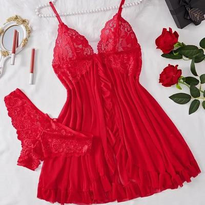 Contrast Color Lace Mesh Spaghetti Strap Ruched Hem Women's Homewear