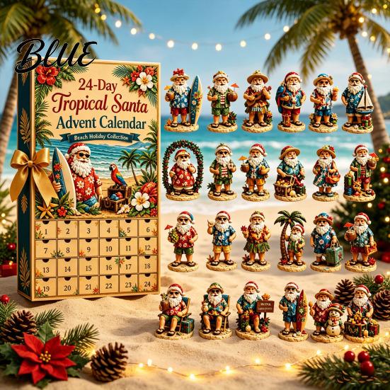 Tropical Christmas Tree Hanging Decor 2026 Summer Beach Santa Advent Calendar, 24-Day Acrylic Ornament Set with Holiday Countdown Box Surfing Figures,