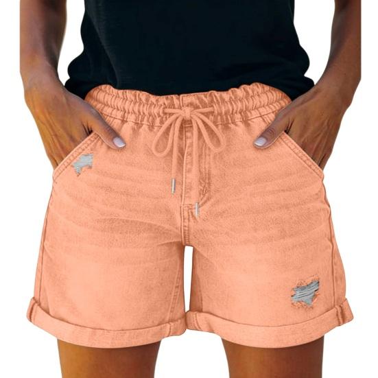 

Jean Shorts for Women High Rise Roll Up Hem Straight Leg Distressed Denim Shorts Elastic Waist Drawstring Summer Ripped Hot Shorts with Pockets L