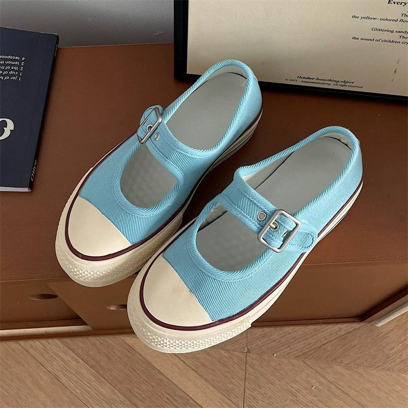 

Soft leather flat heel retro shallow mouth Mary Jane canvas shoes new lazy one-word buckle versatile fashion women s shoes 40 синий