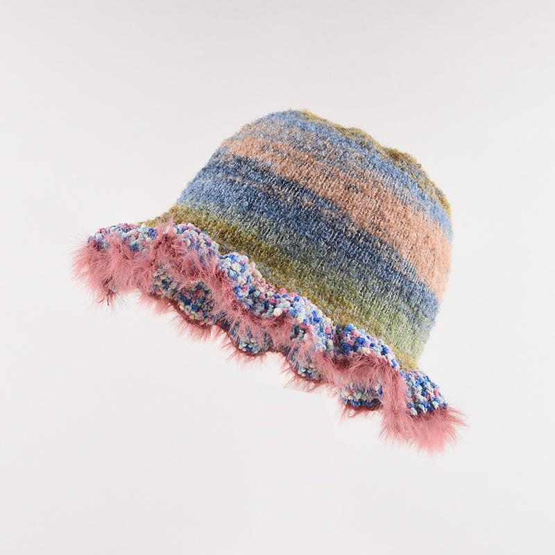 New Style Fashion Retro Colorful Striped Oil Painting Style Ruffled Fisherman Hat for Women In Autumn and Winter Warm Knitted Pot Hat Trend