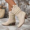 Medium Tube Fashion Boots Large Size Retro Thick Heel Pleated Foot Set V Port Western Knight Boots