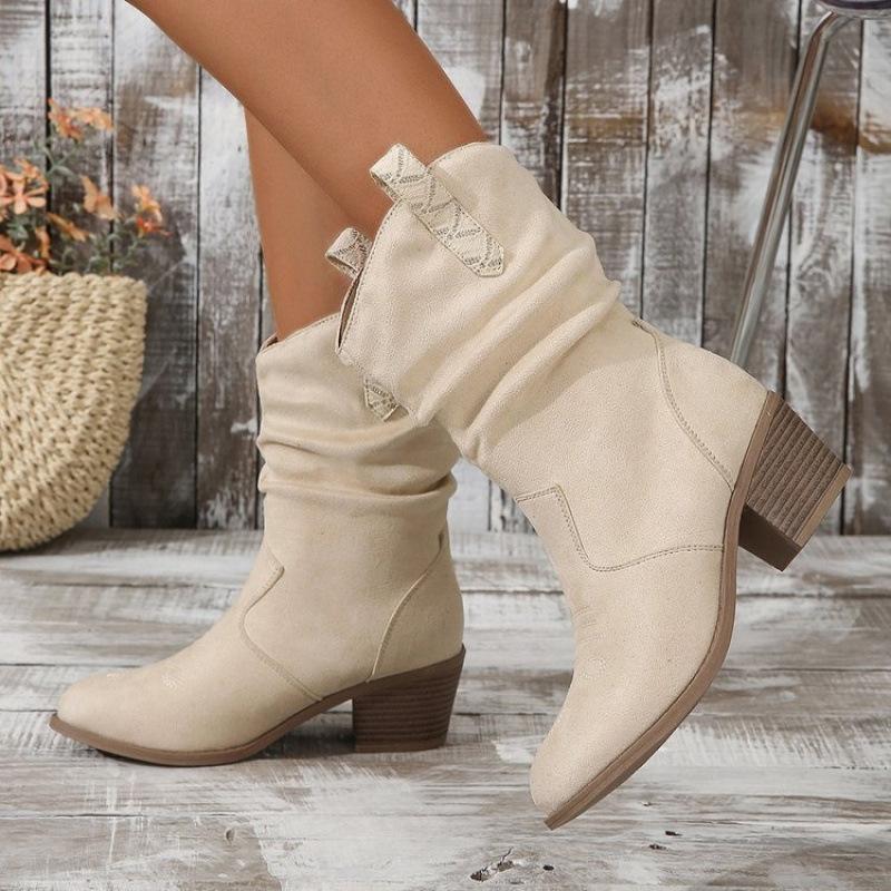 Medium Tube Fashion Boots Large Size Retro Thick Heel Pleated Foot Set V Port Western Knight Boots