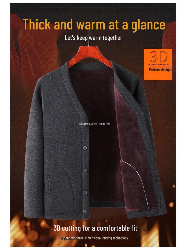 Men's Fleece-Lined Warm Winter Cardigan Jacket for Middle-Aged & Elderly
