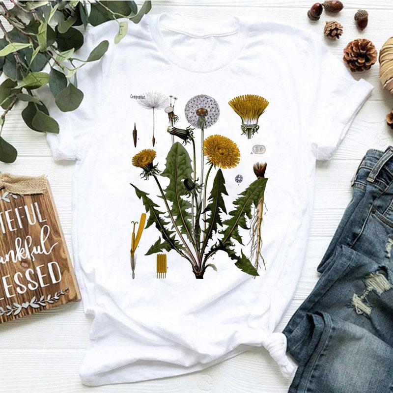 Women's dandelion floral print letter t-shirt - Trendy women's T-shirt with short sleeves Summer polyester fabric