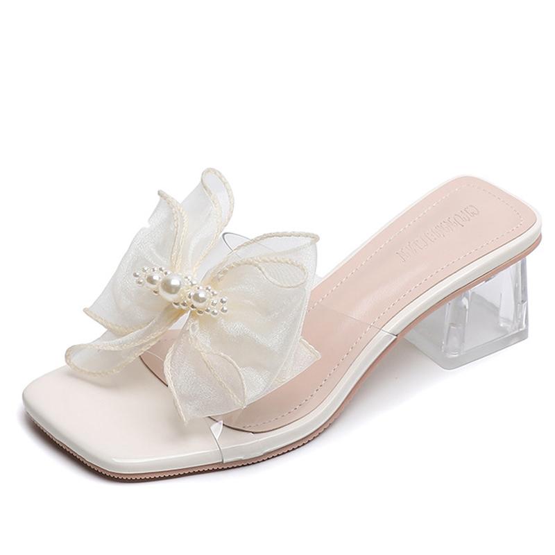 Fashion 2025 Women Clear PVC Heel Slippers Lace Bow Shoes Ladies Slip On Sliders Med-High Heeled Sandals Femme Wedges Open Toe Flipflops