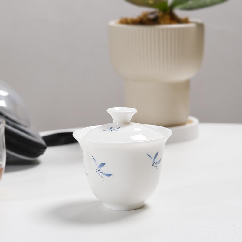 Suet Jade Porcelain Outdoor Portable Travel Tea Set Ceramic Cover Bowl Express Cup Light Luxury High-end One Pot Two Cups