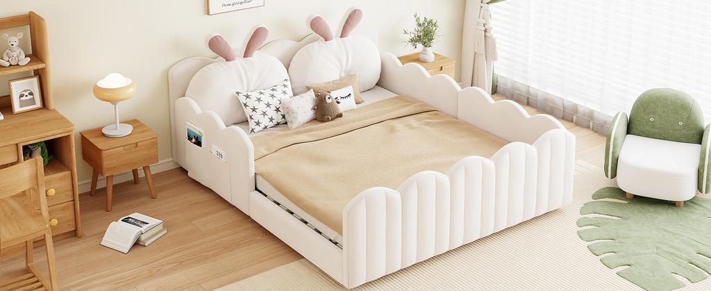 140x200 Upholstered Platform Bed with Rabbit-Shaped Cushion, Beige