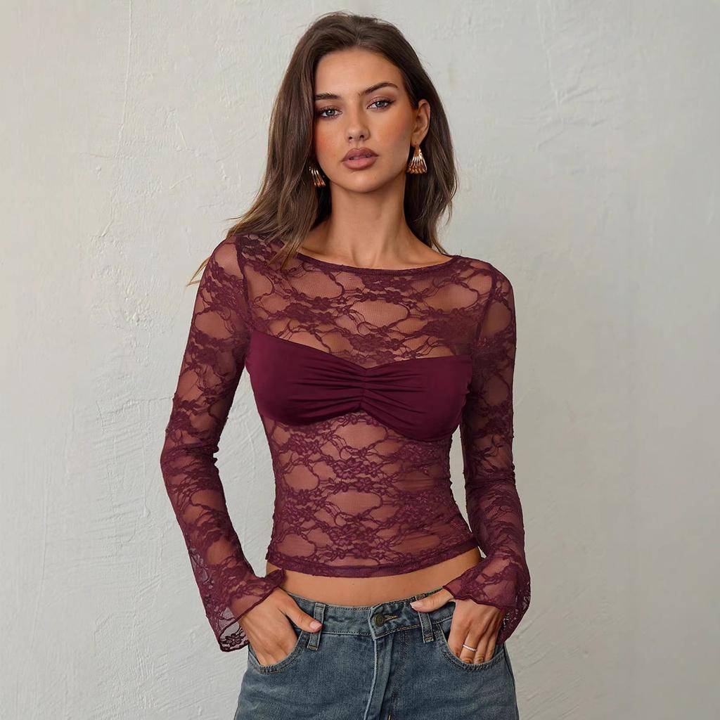 Solid Lace Sheer Long Sleeve Top Women Slim Flattering Chest Ruched Bell Sleeve Fashion Daily Basic Office Lady Casual Slim Fit Ladies Elegant Top