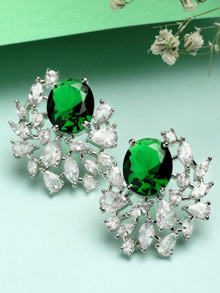 Women's Green American Diamond Stud Earrings, Metal, Cubic Zirconia