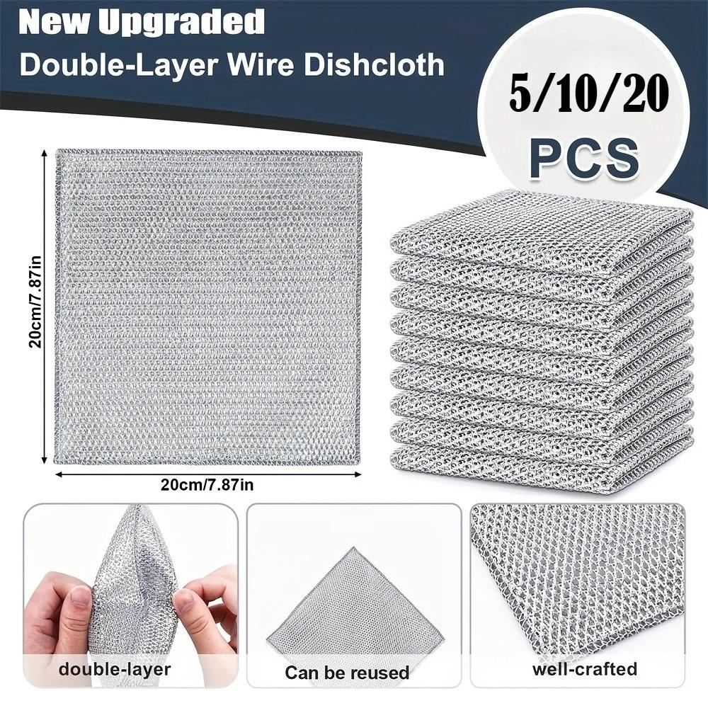 5/10/20pcs Double-Layer Steel Wire Microfiber Cleaning Cloth, Non-Scratch Dish & Pot Scrubber Rags for Kitchen