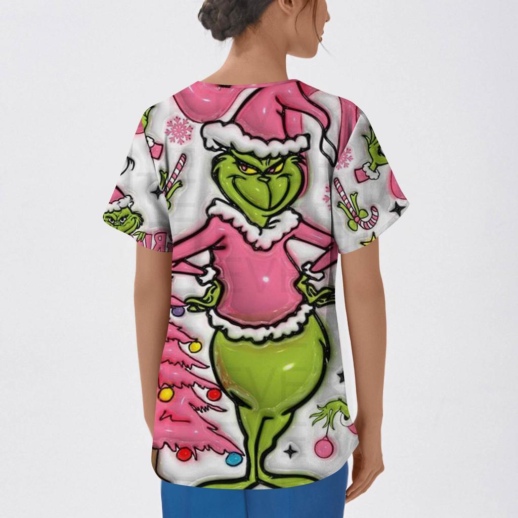 Damenmode Bedruckte Kurzarm-Oberteile mit V-Ausschnitt und Muster, Taschen, Arbeits-T-Shirts