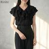 ZANZEA Women Elegant Ruffles V-neck Solid Color Sleeveless Blouse