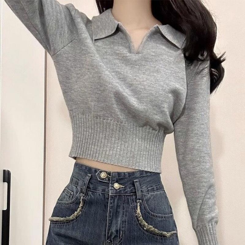 

Autumn Winter Polo-neck Solid Color Pullover Knitting Top Women Slim Causal All-match Bottomed Waist Sweater S серый