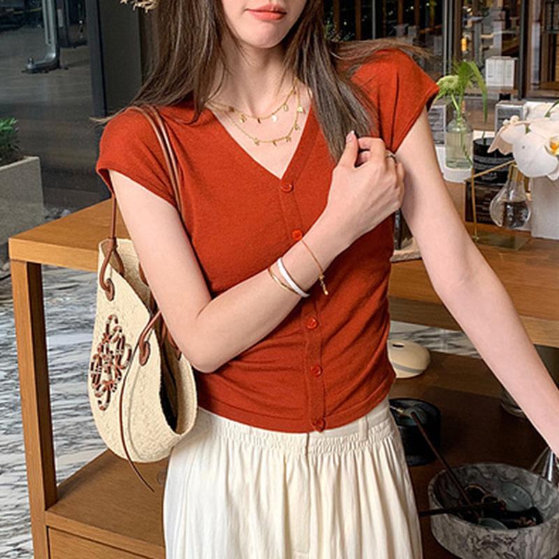 Summer V Neck Slim Fit Casual Knitted T-shirt Women Fashion Elegant Short Sleeve Tshirts Tops Office Lady Vintage Button Up Women's Tee Shirt 24845
