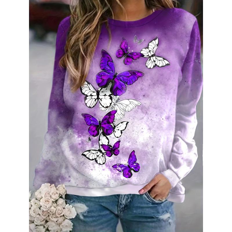 Women's purple flower pattern printed casual long sleeved round neck pullover