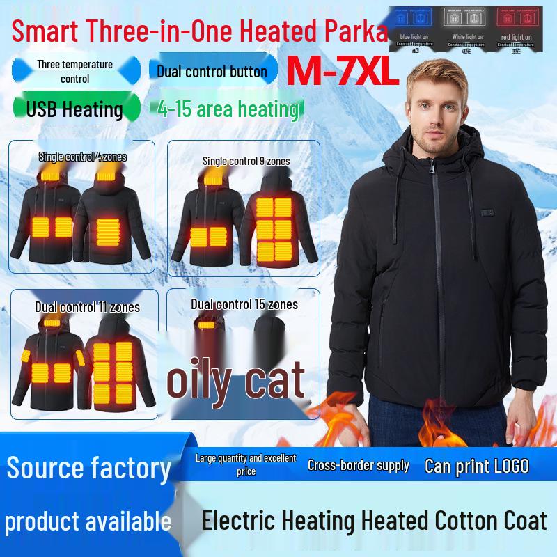 Herrjacka med huva, vinter, elektriskt uppvärmd: Tjock Bomullskappa med Intelligent Konstant Temperaturteknik