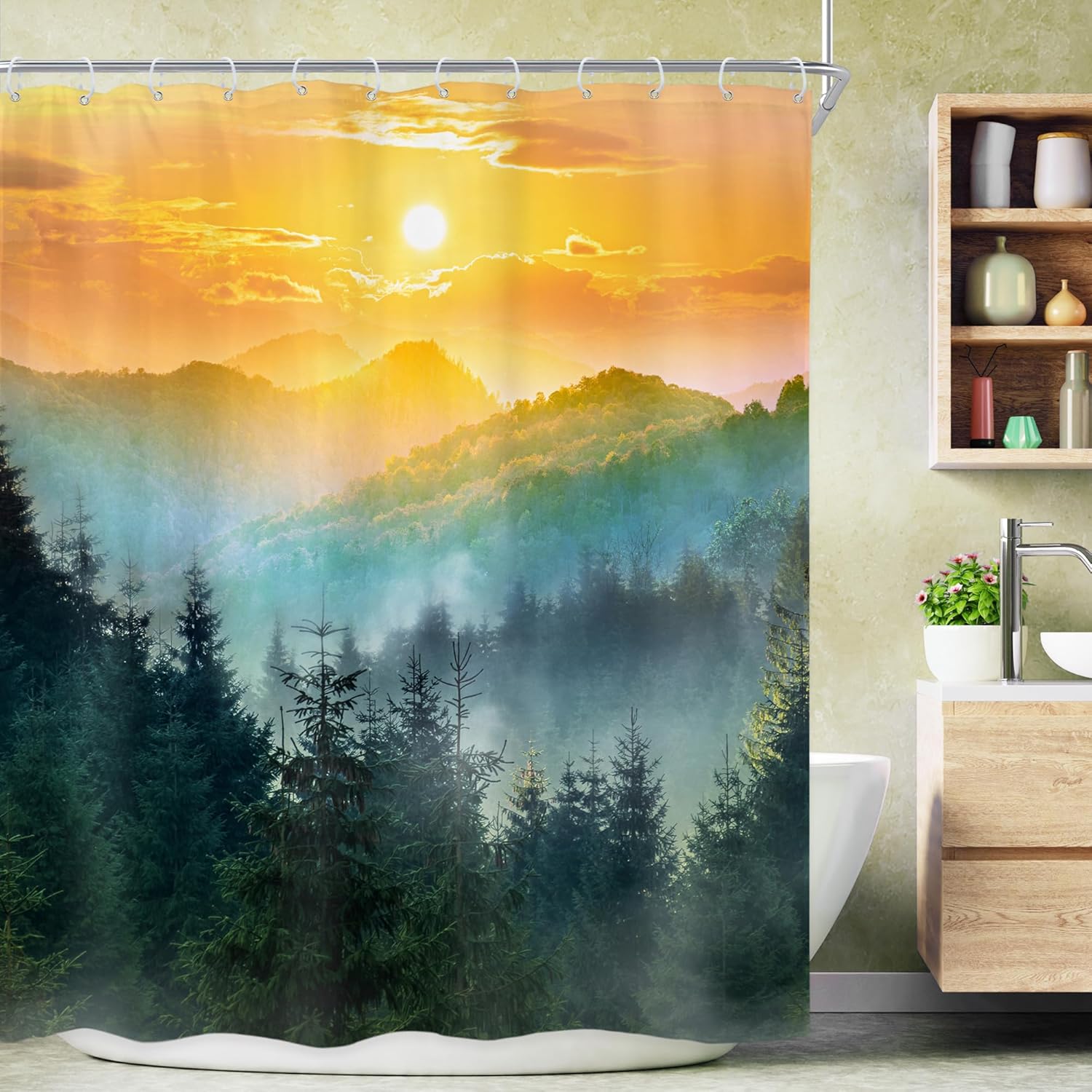 

Sunrise Mountain Shower Curtain Forest Landscape Golden Sky Nature Art Warm Tone Bath Decor Waterproof Fabric Boho Style 90x180cm35x71in
