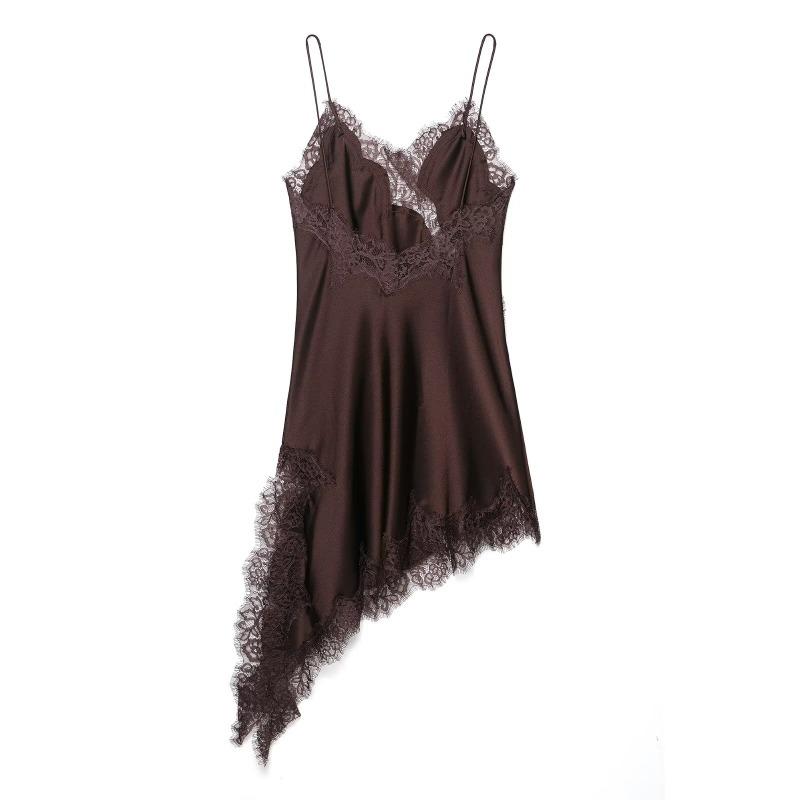 Vestido Mini de Fiesta Sexy para Mujer con Retazos de Satén y Encaje, Espalda Descubierta, Asimétrico, Tirantes Finos