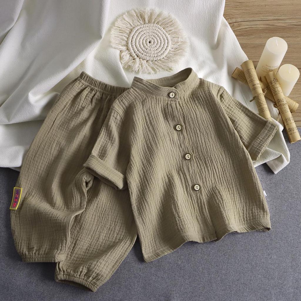 Kids' Stand Collar Cotton Gauze Summer Set - Lightweight Homewear for Boys & Girls