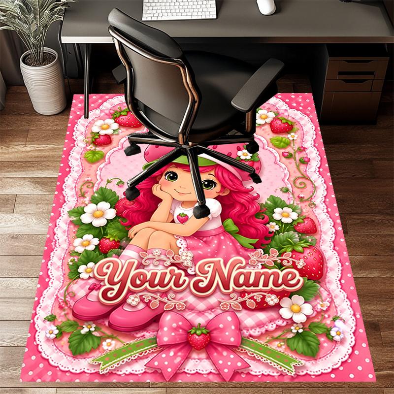 Princess Strawberry Design Area Rug Personalized Name- Non-Slip, Soft & Cozy Floor Mat for Living Room, Office - Indoor/Outdoor Carpet