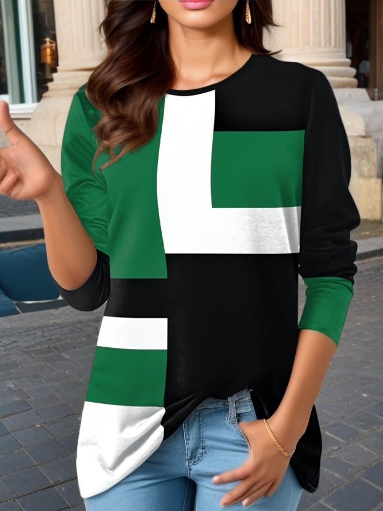 Women's Geometric Colorblock Long Sleeve T-shirt