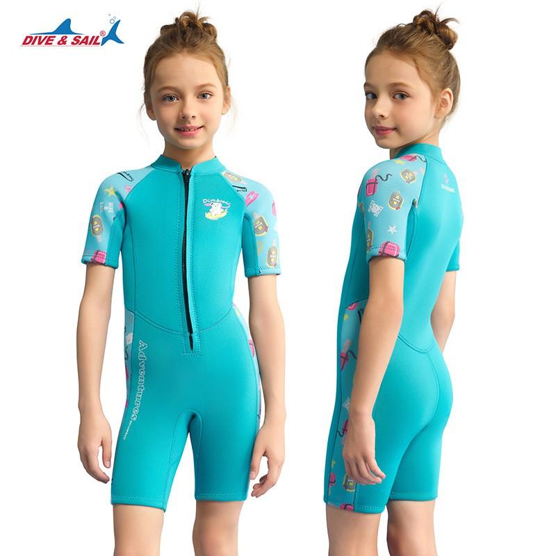 Kids Girls 1.5mm Neoprene Wetsuit Short Sleeve Full Body Diving Surfing Swimsuit Swimming Water Sports