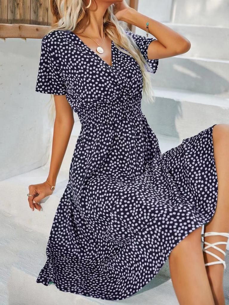 Fashion Women's Casual V-Neck Printed Midi Skirt Elastic Waist Dress