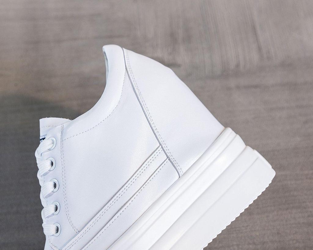 2025 Spring/Autumn Breathable Women's 11cm Height-Increasing Hollow Leather Thick-Soled Casual Black Shoes