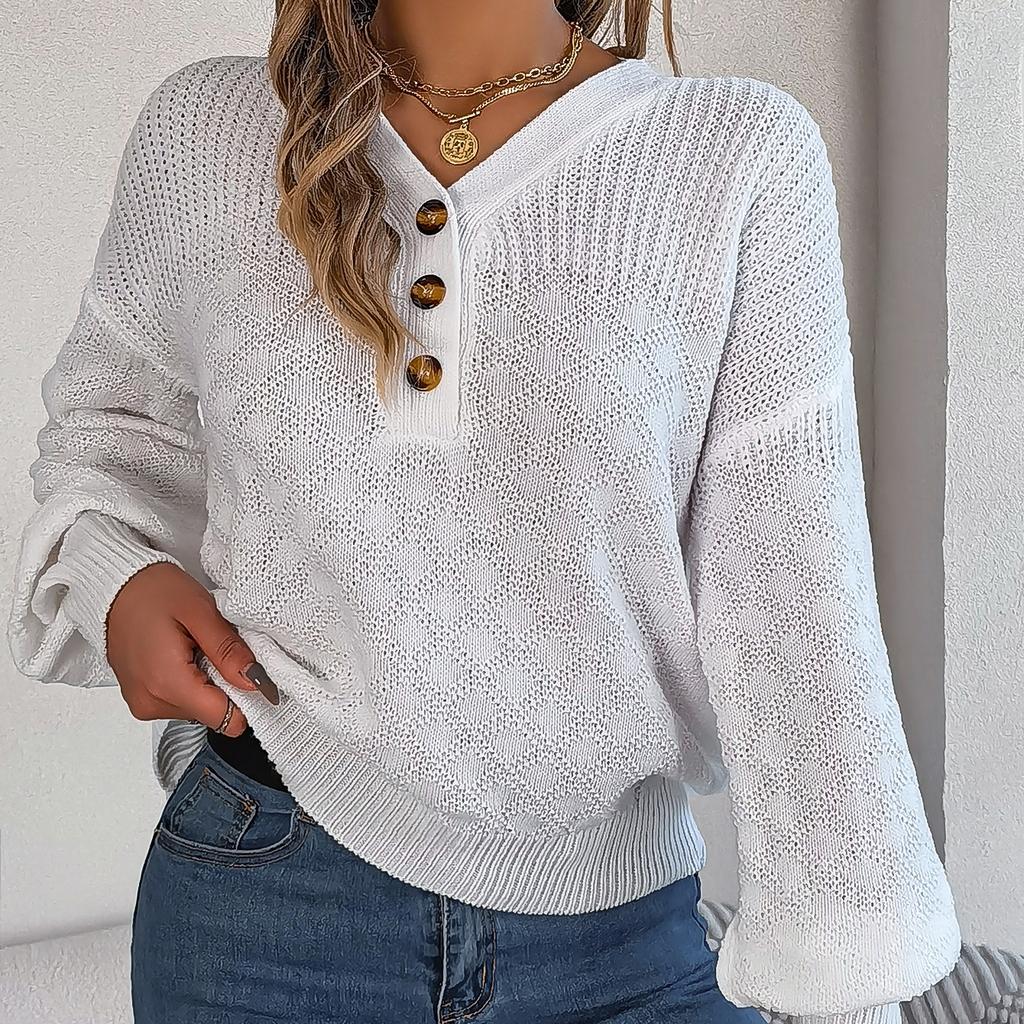 GMXIA Women's Fashion Casual Solid Color Autumn Winter Long Sleeve V-neck Loose Button Up Lantern Sleeve Pullover Sweater