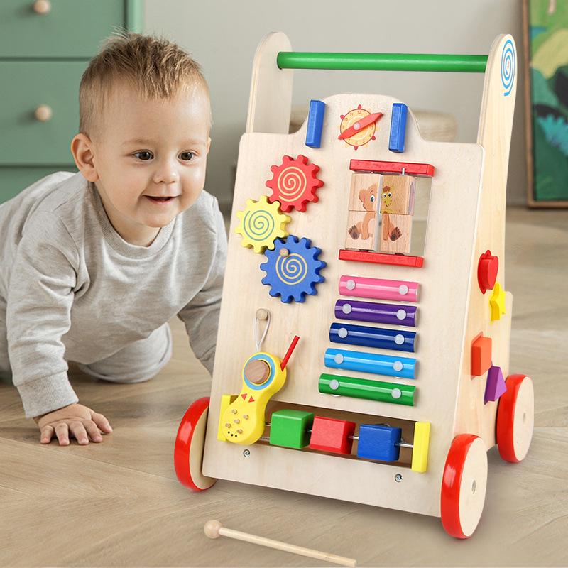 Wooden Multifunctional Toddler Walker with Piano & Shape Sorting