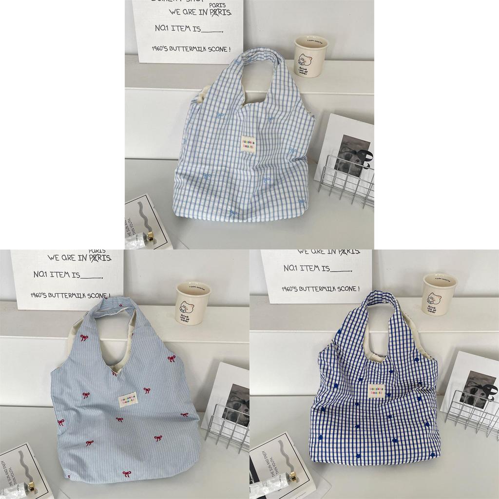 Summer Plaid Embroidered Tote Bag With Zipper Pocket For Casual Day Out