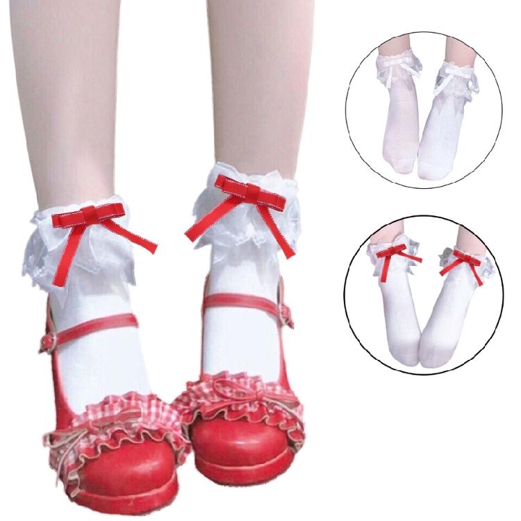 Calzini da Caviglia da Donna con Fiocco Dolce e Nodo Giapponese Carino con Pizzo Arricciato in Cotone