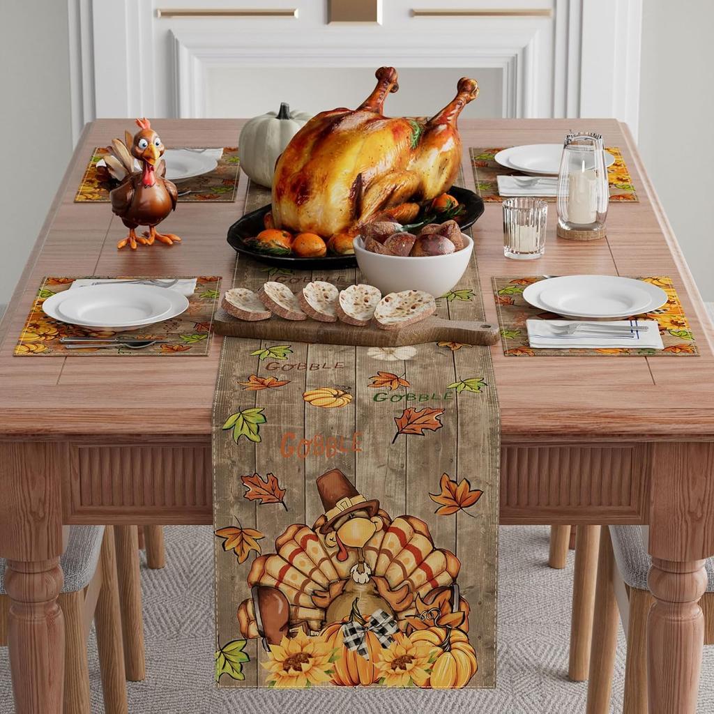 XCHI Turkey Pumpkin Thanksgiving Fall Table Runner Party Table Decoration for Home Kitchen Dining Holiday Decor 13x72 Inch