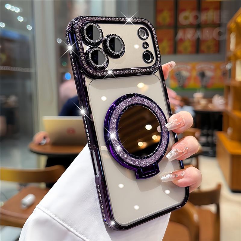 The new iPhone17 bracket magnetic mobile phone case is suitable for Apple 16 rhinestone mirror 15 Pro Max protective case.